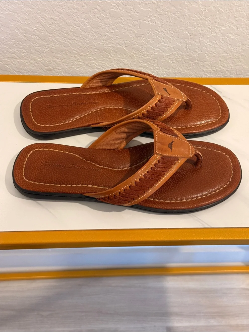 3 BUNDLE Brown Leather, Black Thong Sandals with‎ Dolphin Logo (check photos)